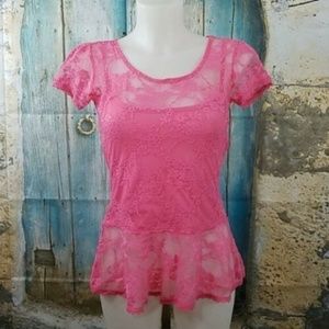 DEREK HEART PINK LACE OVERLAY TOP MEDIUM-EUC